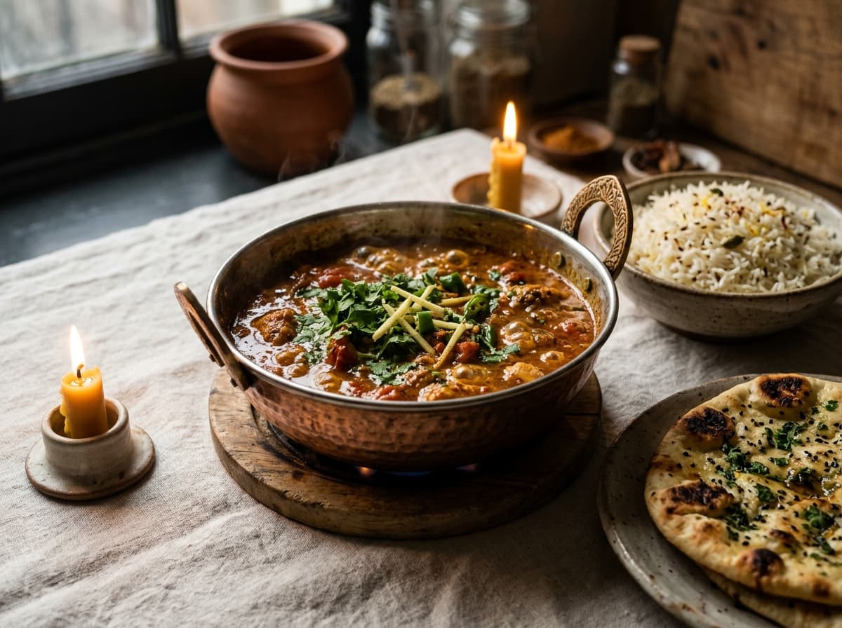 Authentic slow-simmered curry in a hammered copper kadai bowl with basmati rice, garlic naan, and warm candlelight