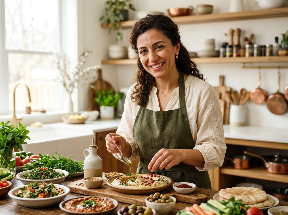 Chef Layla Hassan, smiling Levantine chef arranging fresh mint and pomegranate seeds on a ceramic platter