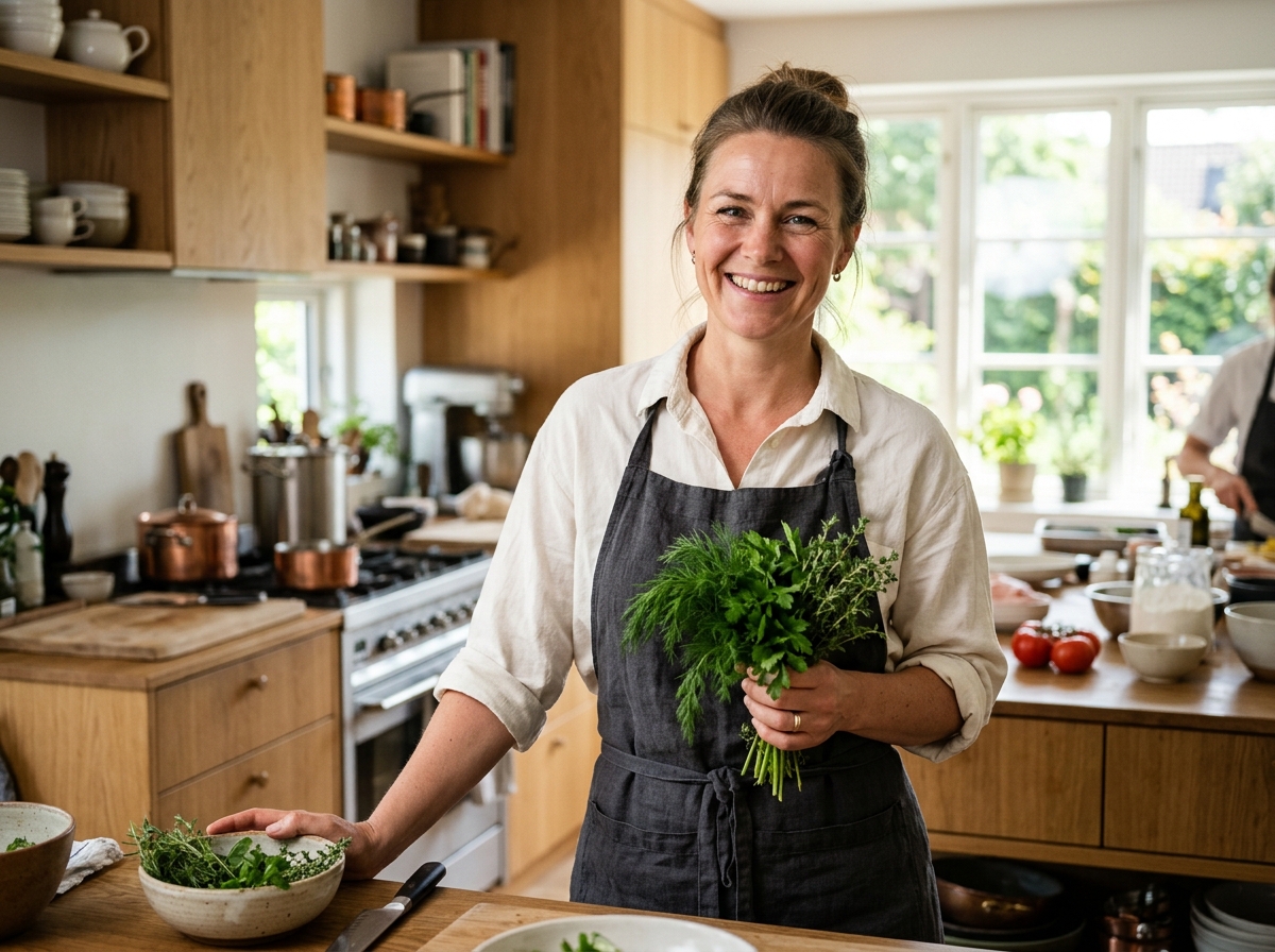 Chef Mette Lindberg, a warm Danish chef in her 40s wearing a dark apron in an airy Odense Nordic kitchen
