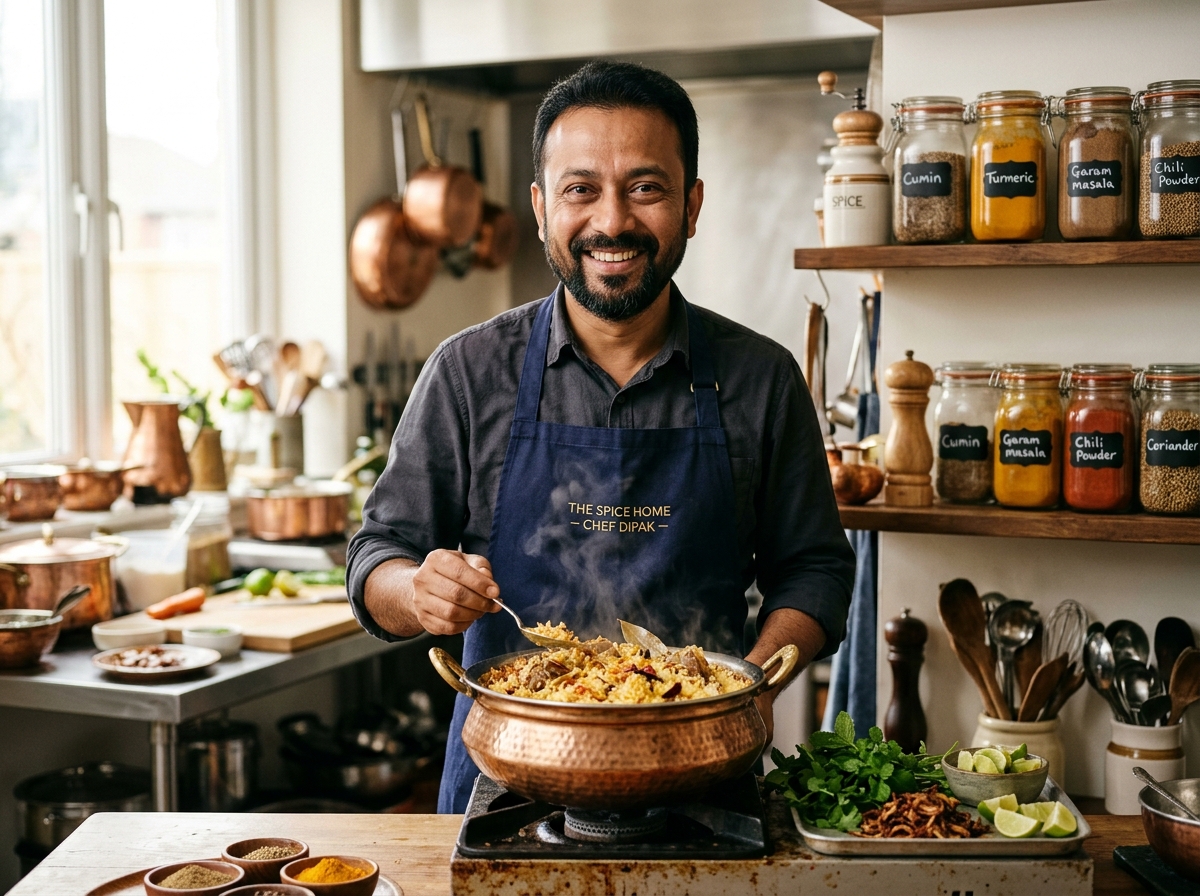 Chef Rahim Uddin, a South Asian culinary artisan garnishing a copper pot of saffron biryani in a bright kitchen
