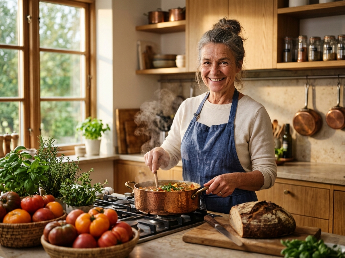 Chef Sofie smiling warmly while cooking a hearty braised stew in a sunlit Scandinavian kitchen